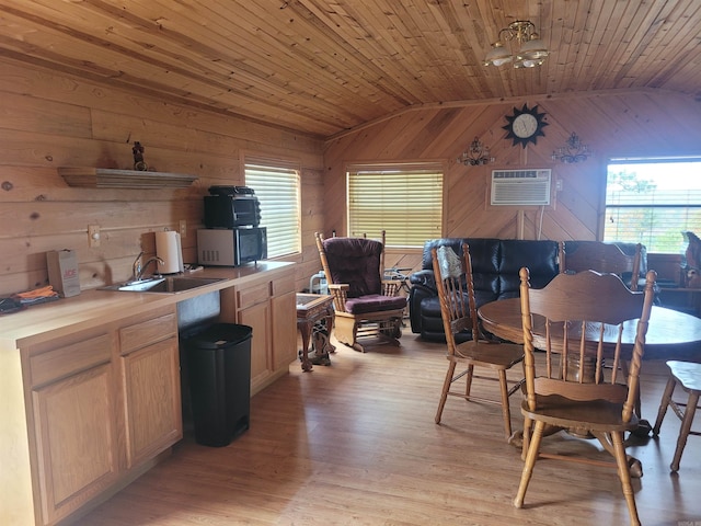 dining space with a wall mounted air conditioner, wood ceiling, light hardwood / wood-style floors, vaulted ceiling, and wooden walls