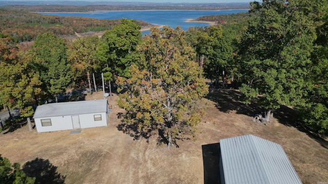 bird's eye view with a water view