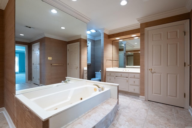 full bathroom featuring vanity, independent shower and bath, ornamental molding, and toilet