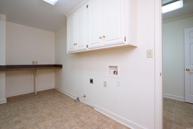 washroom featuring hookup for a gas dryer, electric dryer hookup, hookup for a washing machine, light tile patterned flooring, and cabinets