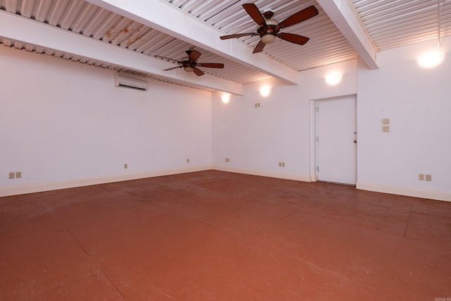 empty room with a wall mounted AC, beamed ceiling, concrete flooring, and ceiling fan