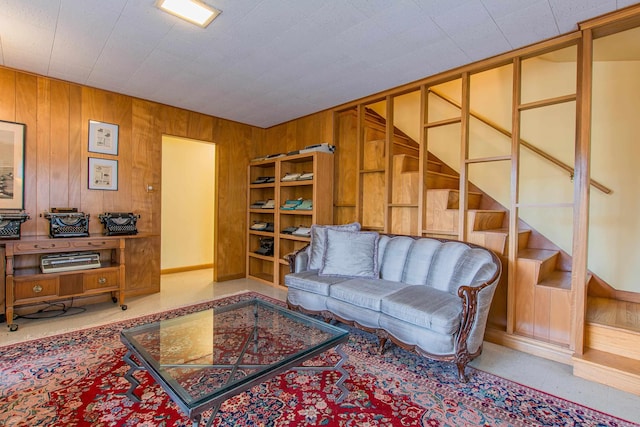 living room with wooden walls