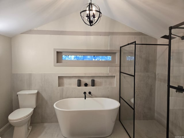 bathroom with toilet, lofted ceiling, tile walls, and independent shower and bath