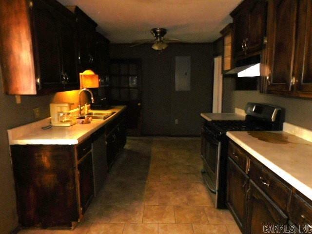 kitchen featuring sink, electric stove, dark brown cabinets, ceiling fan, and exhaust hood