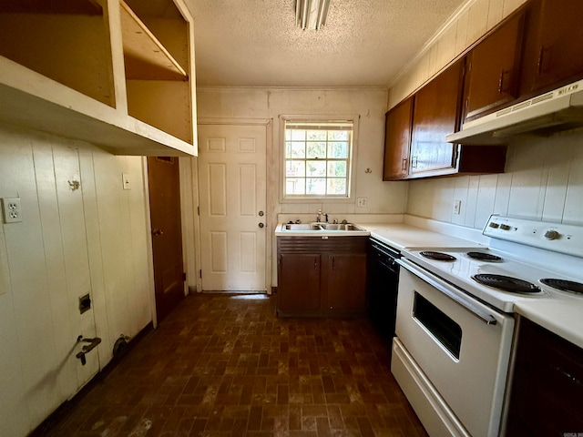 kitchen featuring black dishwasher, sink, electric stove, a textured ceiling, and ornamental molding