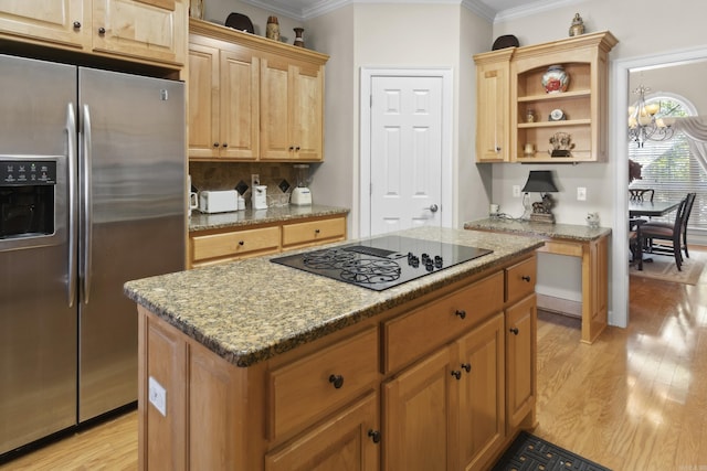 kitchen featuring stainless steel fridge with ice dispenser, black electric cooktop, ornamental molding, a kitchen island, and light wood-type flooring