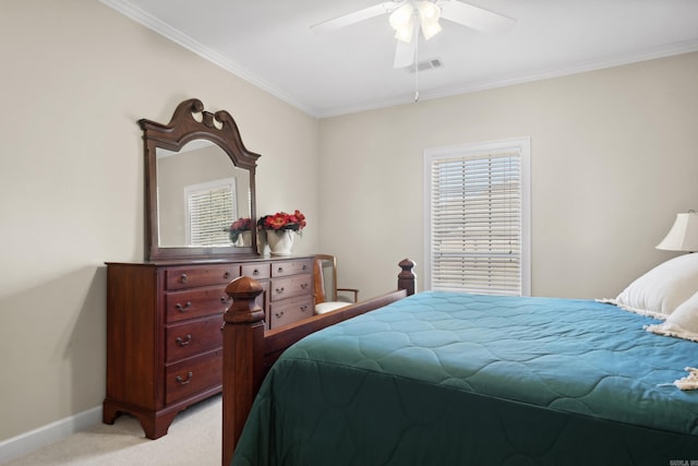 bedroom featuring light carpet, baseboards, crown molding, and a ceiling fan