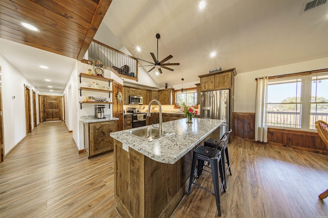 kitchen featuring a large island, a healthy amount of sunlight, stainless steel appliances, and sink