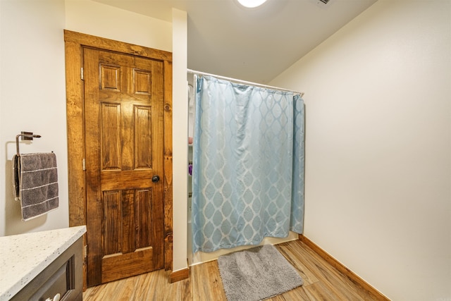 bathroom featuring vanity, wood-type flooring, and a shower with shower curtain