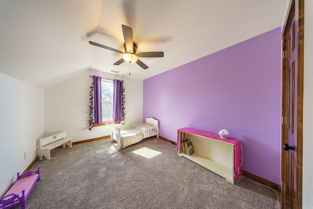 unfurnished bedroom with lofted ceiling, carpet floors, and ceiling fan