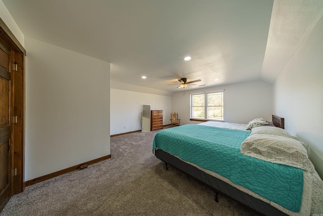 bedroom featuring lofted ceiling, carpet, and ceiling fan