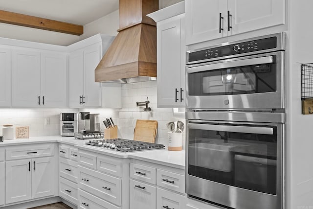 kitchen with white cabinetry, tasteful backsplash, appliances with stainless steel finishes, and premium range hood