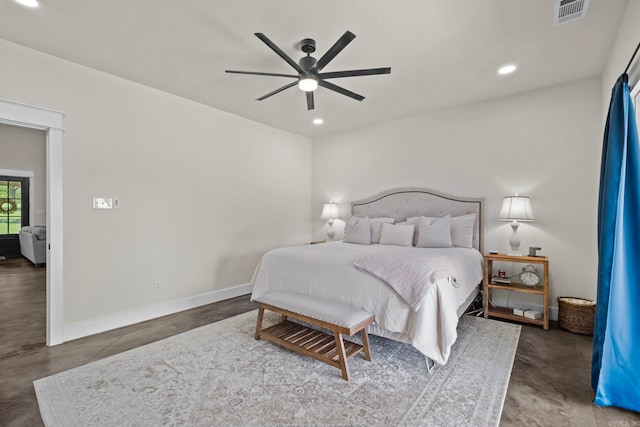 bedroom featuring dark wood-type flooring and ceiling fan