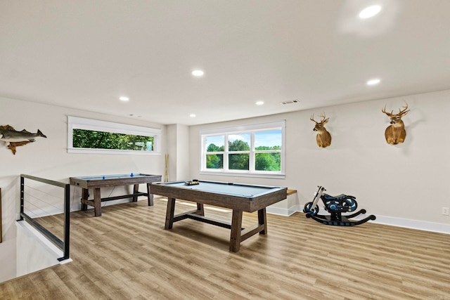 playroom featuring pool table and light wood-type flooring