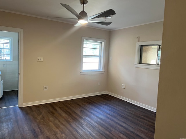 empty room featuring a wealth of natural light, ornamental molding, dark wood-type flooring, and ceiling fan