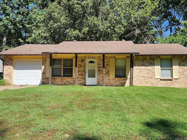 4028 Arapaho Trl, Little Rock, AR 72209 - ranch-style house with a garage, a front yard, brick siding, and roof with shingles