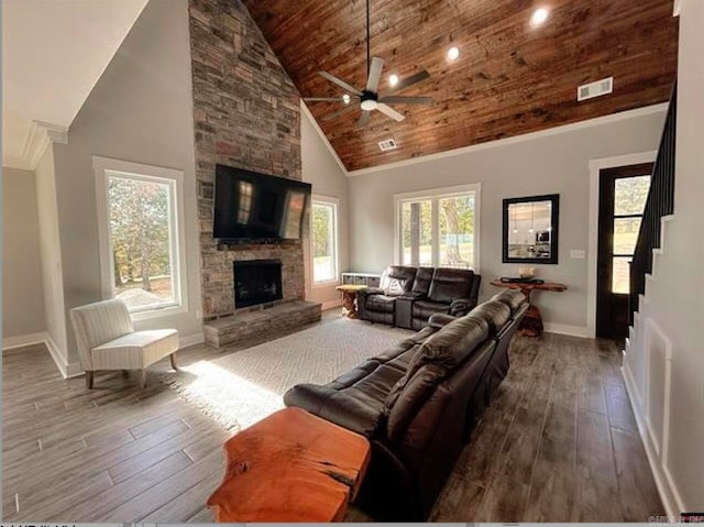 living room featuring wood ceiling, hardwood / wood-style floors, high vaulted ceiling, and a wealth of natural light