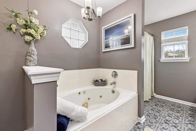 bathroom with shower with separate bathtub and a chandelier