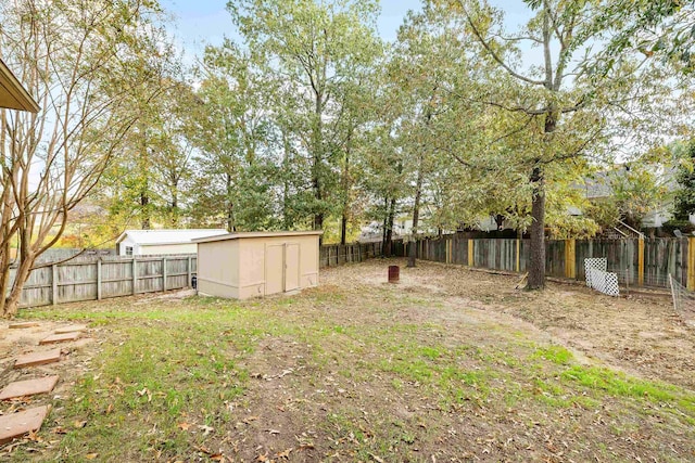 view of yard featuring a storage unit