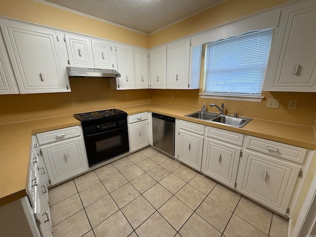 kitchen with white cabinetry, black range with electric cooktop, dishwasher, and sink