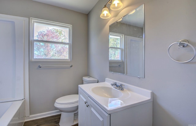 full bathroom featuring vanity, plus walk in shower, hardwood / wood-style flooring, and toilet