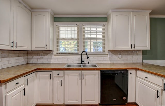 kitchen with tasteful backsplash, white cabinetry, dishwasher, ornamental molding, and sink