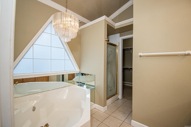 bathroom featuring crown molding, a chandelier, independent shower and bath, and tile patterned flooring