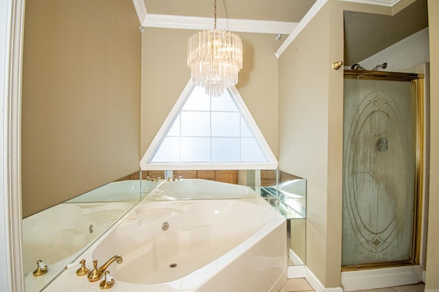 bathroom with an inviting chandelier, ornamental molding, plus walk in shower, and tile patterned floors