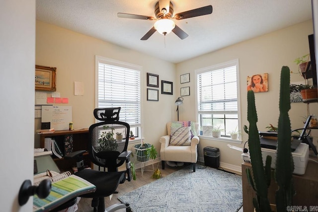 home office with ceiling fan, a healthy amount of sunlight, and wood-type flooring