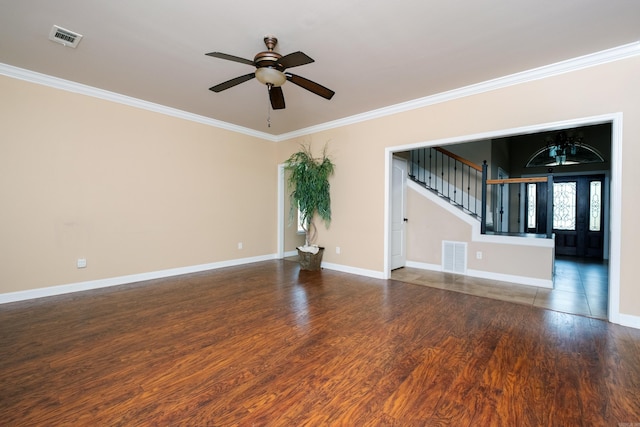 unfurnished room with ornamental molding, dark hardwood / wood-style floors, and ceiling fan