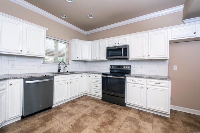 kitchen with stone counters, sink, stainless steel appliances, white cabinets, and crown molding