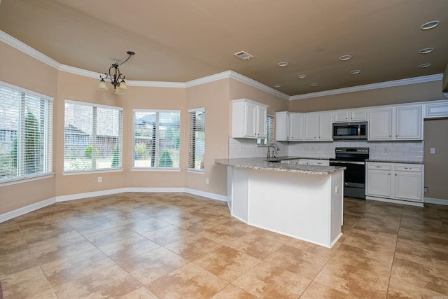 kitchen featuring hanging light fixtures, ornamental molding, black / electric stove, white cabinetry, and light stone counters