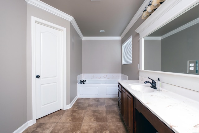 bathroom with vanity, crown molding, tile patterned flooring, and a bathing tub