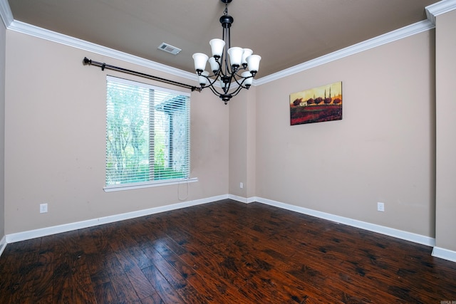 unfurnished room with crown molding, dark hardwood / wood-style flooring, and an inviting chandelier