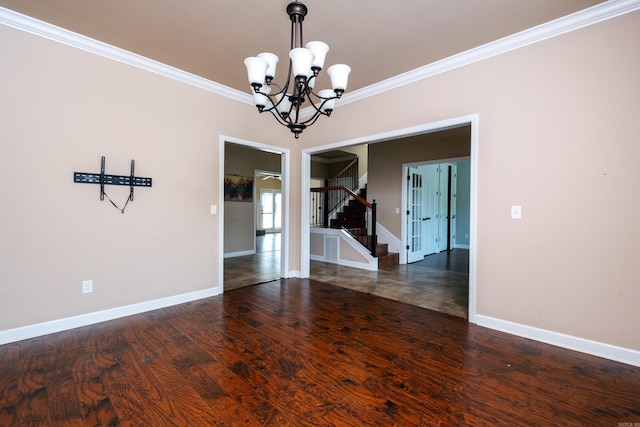 unfurnished dining area with crown molding, a notable chandelier, and dark hardwood / wood-style floors