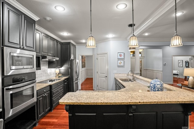 kitchen featuring appliances with stainless steel finishes, a spacious island, sink, and pendant lighting