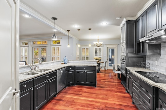 kitchen featuring dark hardwood / wood-style floors, hanging light fixtures, crown molding, sink, and appliances with stainless steel finishes