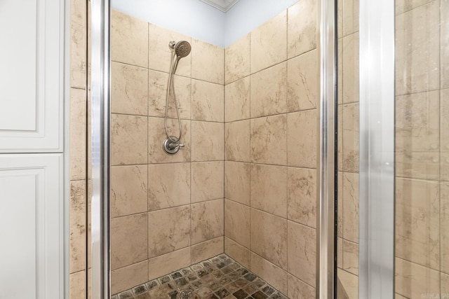 bathroom with a shower with shower door