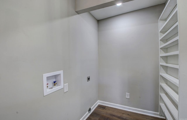 laundry area featuring electric dryer hookup, washer hookup, and dark hardwood / wood-style floors