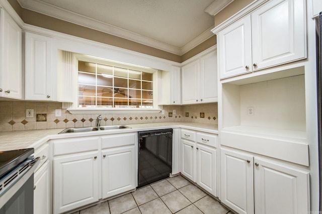 kitchen with white cabinetry, black dishwasher, tasteful backsplash, and light tile patterned flooring