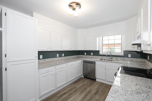 kitchen with sink, stainless steel dishwasher, white cabinets, dark wood-type flooring, and light stone counters