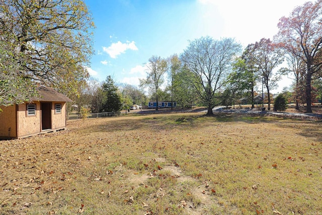 view of yard featuring a storage shed