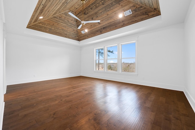 spare room featuring wooden ceiling and dark hardwood / wood-style floors