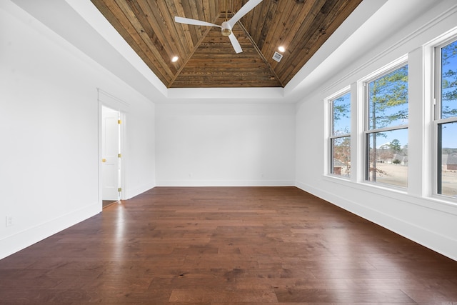 empty room featuring ceiling fan, wooden ceiling, and dark hardwood / wood-style flooring