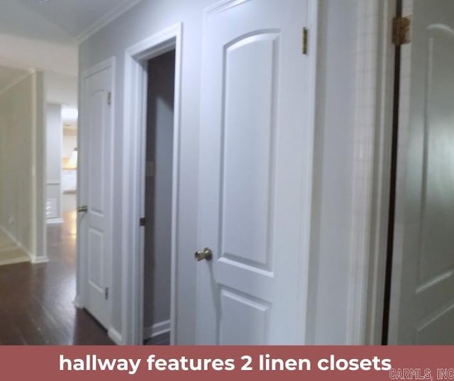 hallway with ornamental molding and dark wood-type flooring