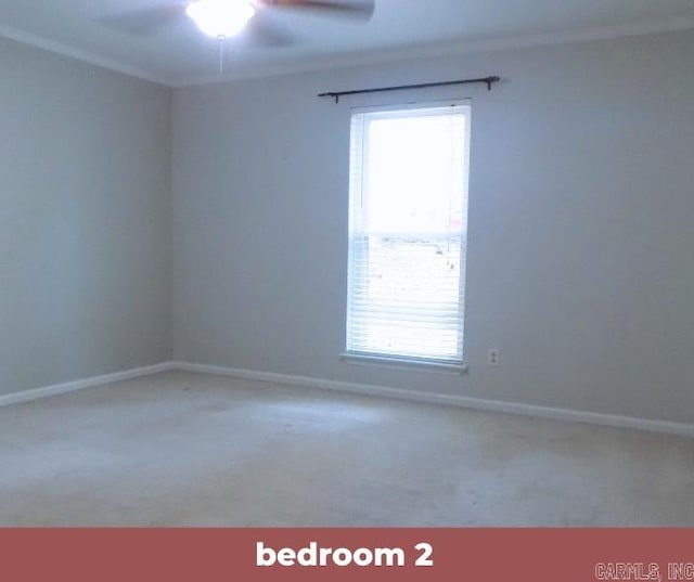 carpeted spare room with ceiling fan and crown molding