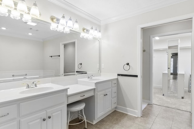 bathroom featuring vanity, crown molding, and tile patterned floors