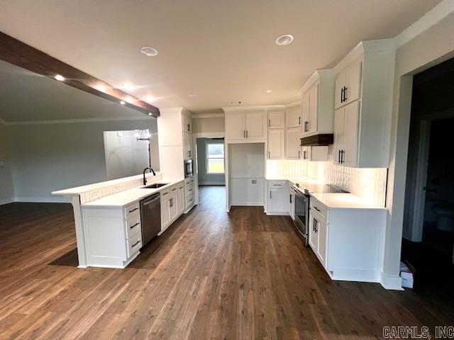 kitchen with decorative backsplash, white cabinetry, dark wood-type flooring, crown molding, and stainless steel appliances