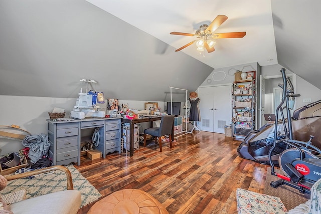 office with ceiling fan, wood-type flooring, and vaulted ceiling