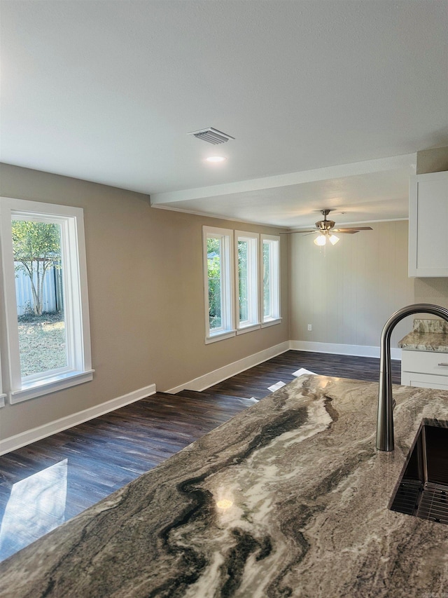 unfurnished living room featuring sink, ceiling fan, and dark hardwood / wood-style flooring